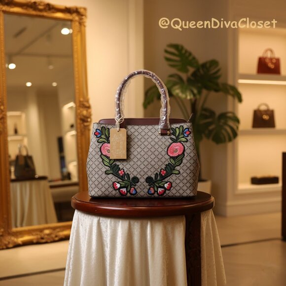 Designer Style Brown Tan Floral Geometric Diamond Monogram Handbag Purse Satchel - Picture 2 of 9